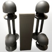 A pair of Toshiba floor standing speakers and four Canon speakers
