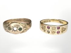A late Victorian 15ct gold ring and a similar 9ct gold ring, both missing stones.