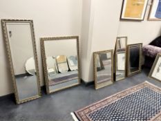 Five contemporary gilt framed mirrors, largest 68 cm x 97 cm.