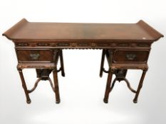 A Chinese style hardwood altar table, fitted two drawers,