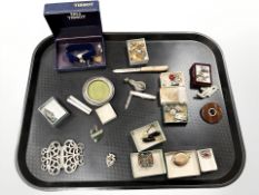 A group of jewellery, silver nurse's buckle, agate brooches, rattle, silver-bladed fruit knife,
