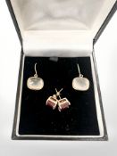 Two pairs of 9ct yellow gold earrings set with synthetic stones