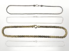 Three Sterling silver necklaces and one white metal fancy link necklace, longest 52 cm.