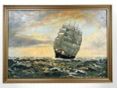 20th Century School : Tall ship at sunset, oil on board, 65 cm x 45 cm.
