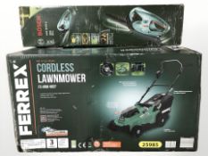 A Ferrex cordless lawn mower and a Bosch hedge trimmer,