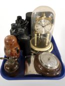 An anniversary clock under dome, circular barometer, hip flask, Russian doll,