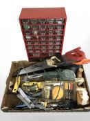 Assorted hand and power tools, hardware, index chest, etc.