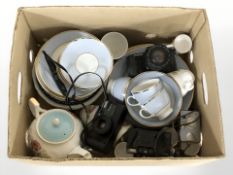 A Royal Doulton part tea and dinner service, cameras including Olympus and Canon, other ceramics.