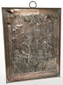 A continental embossed copper panel depicting musicians, 69 cm x 55 cm.