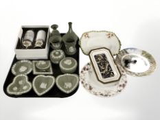 A group of Wedgwood green jasperware vases, pin dishes,