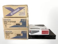 A Yamaha natural sound stereo tuner TX-492RDS, two boxed Denon receivers,