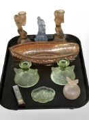 A Sowerby carnival glass boat, pair of uranium glass butterfly squat candlesticks,