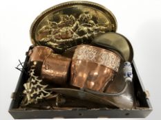 Assorted brass and copper wares including swing handled firewood scuttle, charger, planters,