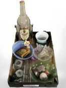 Assorted glass wares, large Grant's whisky bottle on stand, Golden Valley tobacco tin,