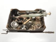 Assorted EPNS and pewter metal wares, two figures, toasting fork, etc.