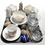 A group of crystal grapefruit dishes, polished stone egg ornaments, Queensberry Ware china,