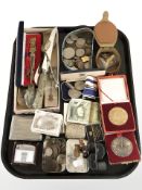 Assorted coins, bank notes, medals, a sterling silver sherry label, lighter, etc.