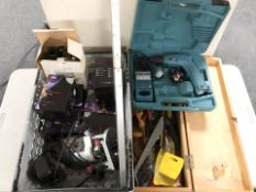 Assorted hand and power tools, joinery box, etc.