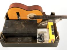 Miscellaneous items including an acoustic guitar, ship in bottle, table boxes,