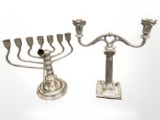 A continental white metal menorah, stamped .
