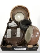 A group of stone ware cooking pots, planter,