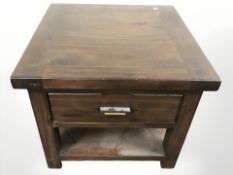 A modern stained hardwood square lamp table, fitted a drawer, width 60 cm.