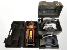 A Macallister circular saw, Powercraft saw and a two ton hydraulic trolley jack, all boxed.