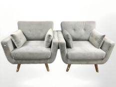 A pair of contemporary armchairs in grey suede fabric, each 97 cm W x 87 cm D x 87 cm H.