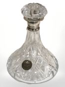 A silver collared ship's crystal decanter commemorative Queen Elizabeth II's Silver Jubilee, 1977,