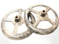 Two Hampden Glasgow cast iron pulley wheels, diameter 44 cm.