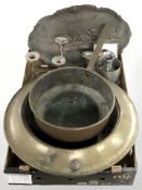 A 19th century copper steel handled pan, a large brass planter, various candlesticks,