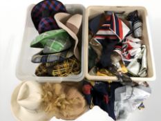 A quantity of silk scarves and various hats (2 boxes)