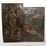 Two Russian embossed metal Art Nouveau style plaques, each 46 cm x 27 cm.