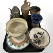 A group of Scandinavian earthenware items including tankard, jug, goblets, bowls, etc.