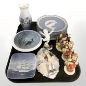 A group of Wedgwood jasperware plates, Royal Copenhagen shallow dishes and vase, Goebel figures,
