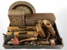 Assorted treen, table boxes, bamboo vessels, carved figure, etc.