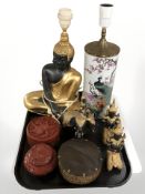 A figural table lamp in the form of Buddha, a further Chinese porcelain vase converted to a lamp,