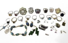 A group of sterling silver white metal and gold plated jewellery to include dress rings, earrings,