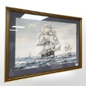A colour print depicting tall ships at sea, 70 cm x 45 cm.