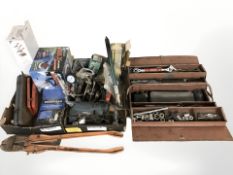 Assorted hand and power tools, concertina tool box, waxer and polisher, bolt cutters, etc.