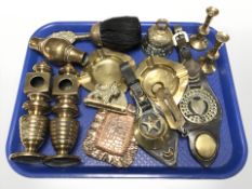 Brass and copper wares including horse brasses, candlesticks, ashtrays, table bell,
