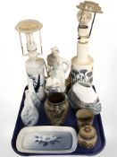 A group of Bing & Grondahl porcelain vases, two lamp bases, figures, etc.