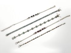 Five Sterling silver bracelets set with semi precious stones CONDITION REPORT: 54.