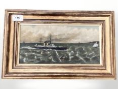 19th Century School : A military vessel and sea, oil on board, 14 cm x 29 cm,