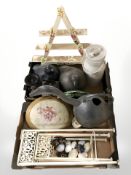 A group of bird ornaments, coffee grinder, pricket candlestick, triangular wall shelf, small churn,