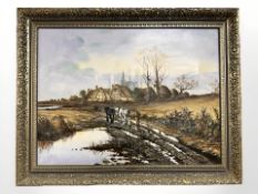 20th Century School : Farmer and Workhorses in a field, oil on canvas, 44 cm x 59 cm.