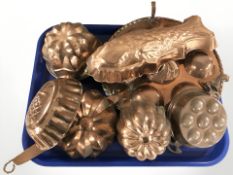 A quantity of copper/copper plated jelly moulds, skillet, etc.
