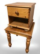 A modern pine square lamp table and a single drawer bedside stand