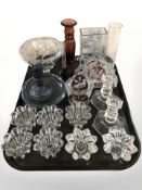 Assorted Scandinavian glassware including candle sticks and holders, two tone glass letter rack,