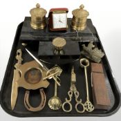 A marble and gilt metal mounted desk stand with twin ink wells, similar blotter, travel timepiece,